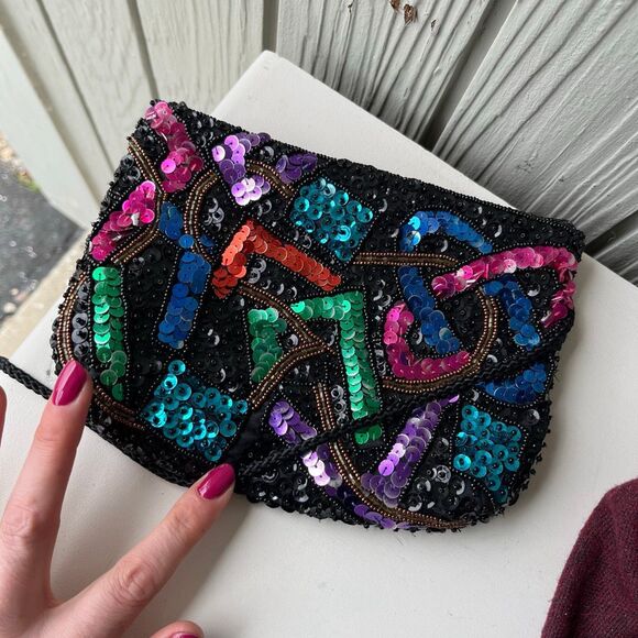 VTG 80s Beaded Sequin Crossbody Bag Black Multicolor Party Purse - Picture 3 of 8